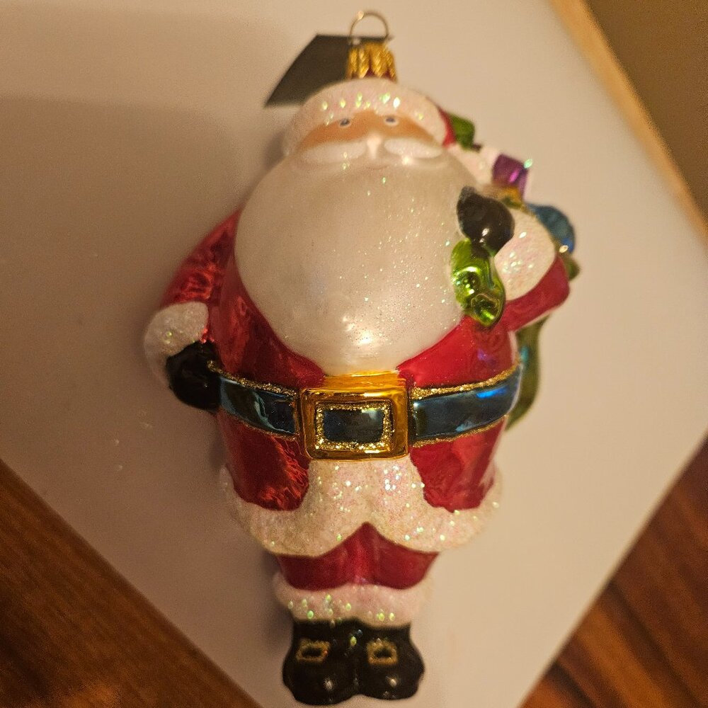hand painted mouth blown glass santa w/ a bag of toys ornament made in Poland